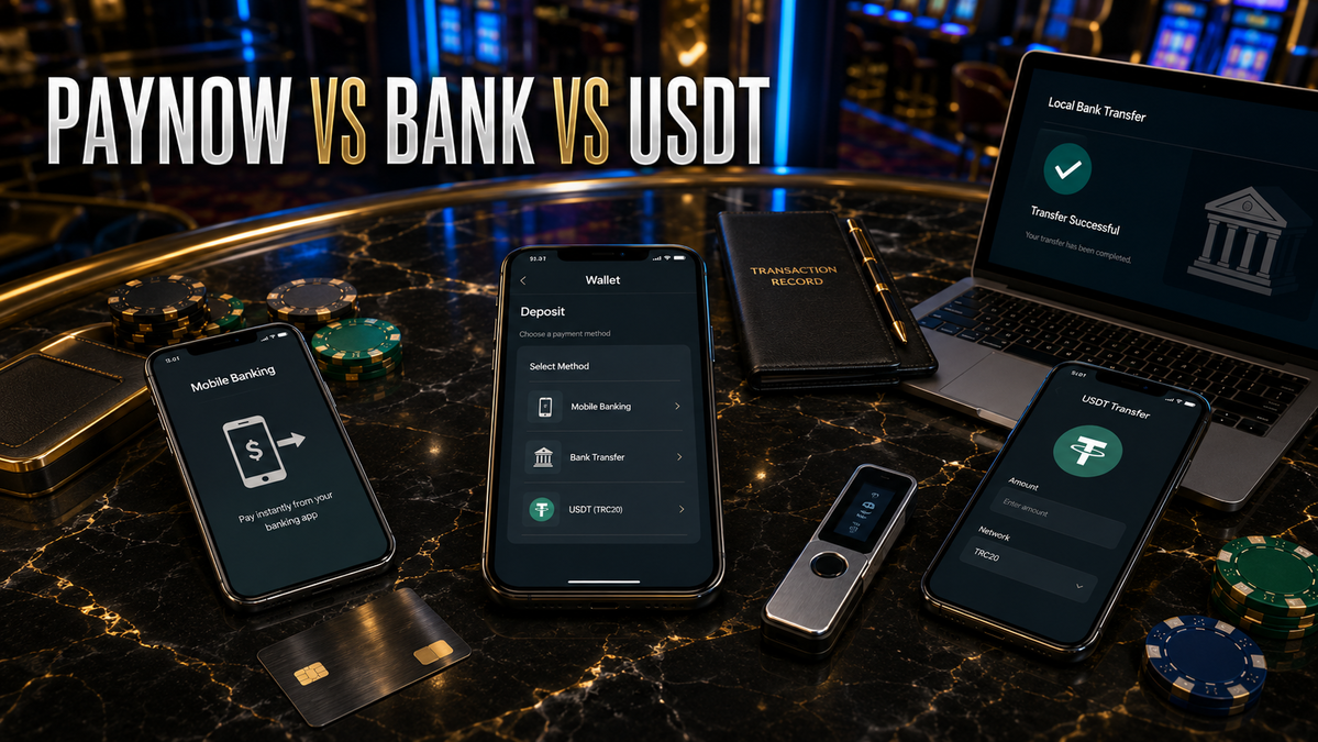 Casino payment comparison between PayNow bank transfer and USDT for Singapore players