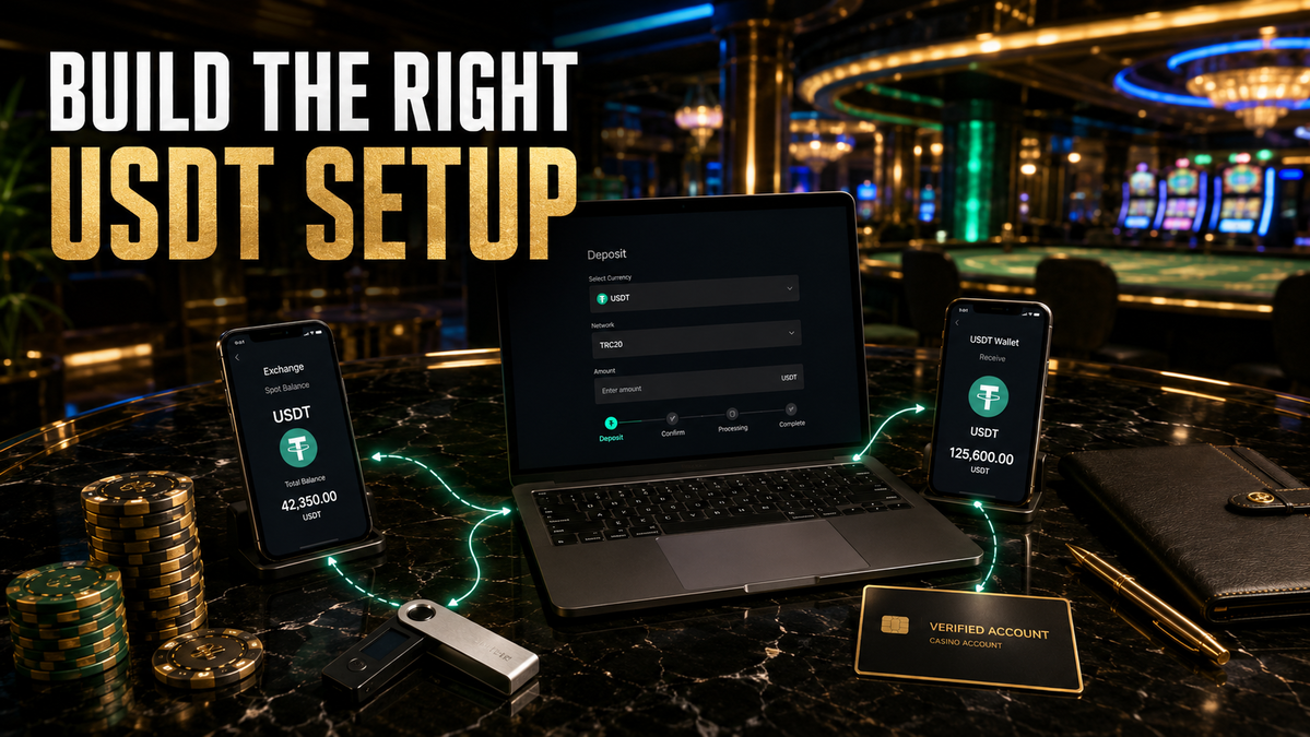 USDT casino setup showing exchange personal wallet deposit and withdrawal routes
